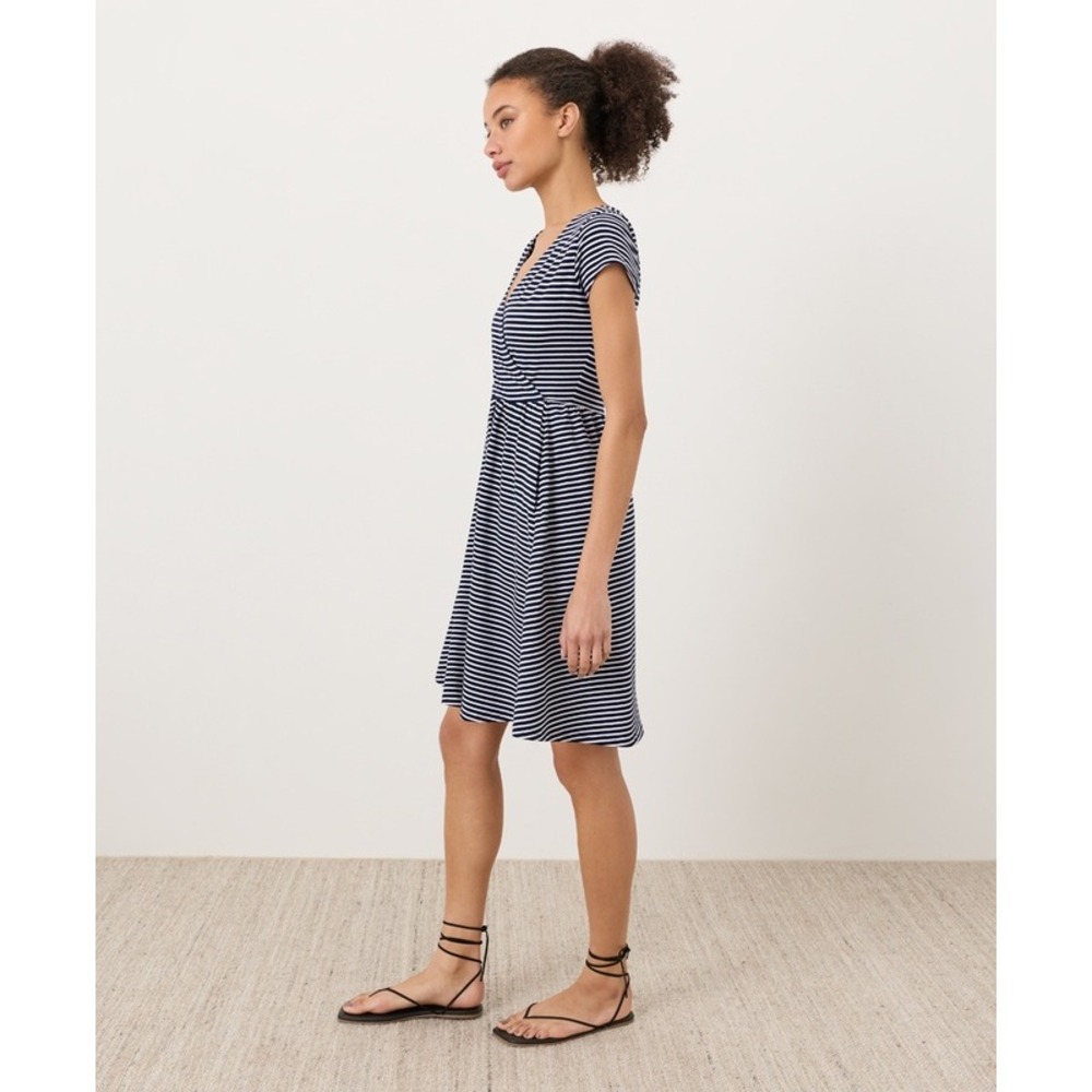 Pact Organic Cotton Striped Wrap Dress Navy White V-Neck Fit Flare Mini Medium